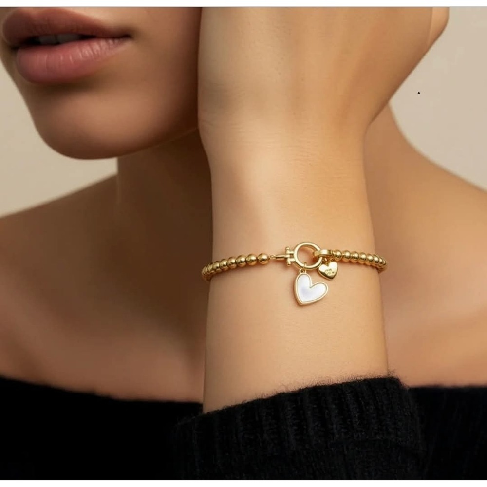 Beaded Bracelet with Mother Of Pearl "L" Initial Heart Charm by Mint&Lilly New